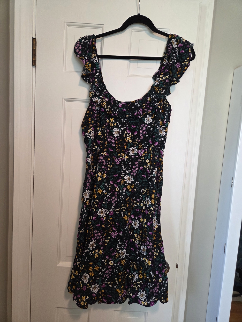 Old Navy XL Floral Ruffle Shoulder Black Dress with Purple & Yellow Blooms